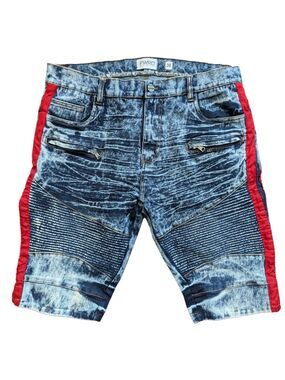FWRD Denim Mens Blue Acid Wash Red Stripe Streetwear Moto Denim Shorts Size 38